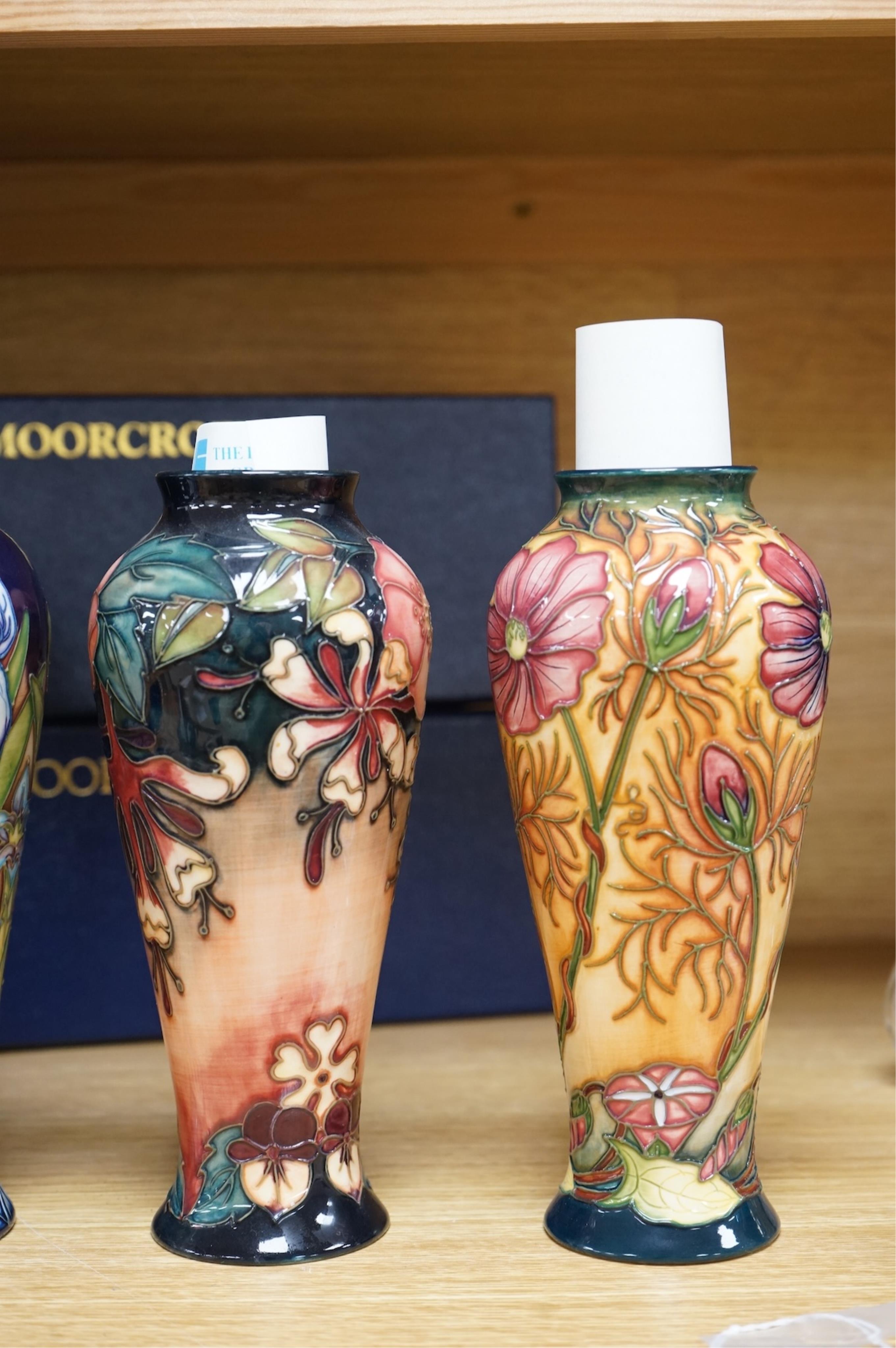 Five boxed Moorcroft vases - Geneva, Meadow Cranesbill, Cosmos, Oberon and Charles Rennie Macintosh patterns, 20.5cm